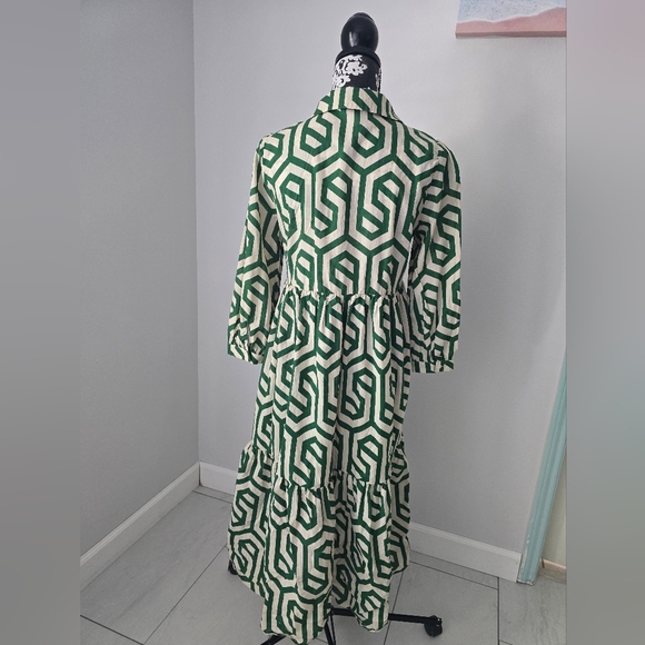 Zara Ecru White Green Geo Geometric Print Karen Tiered Midi Size S - Picture 7 of 16